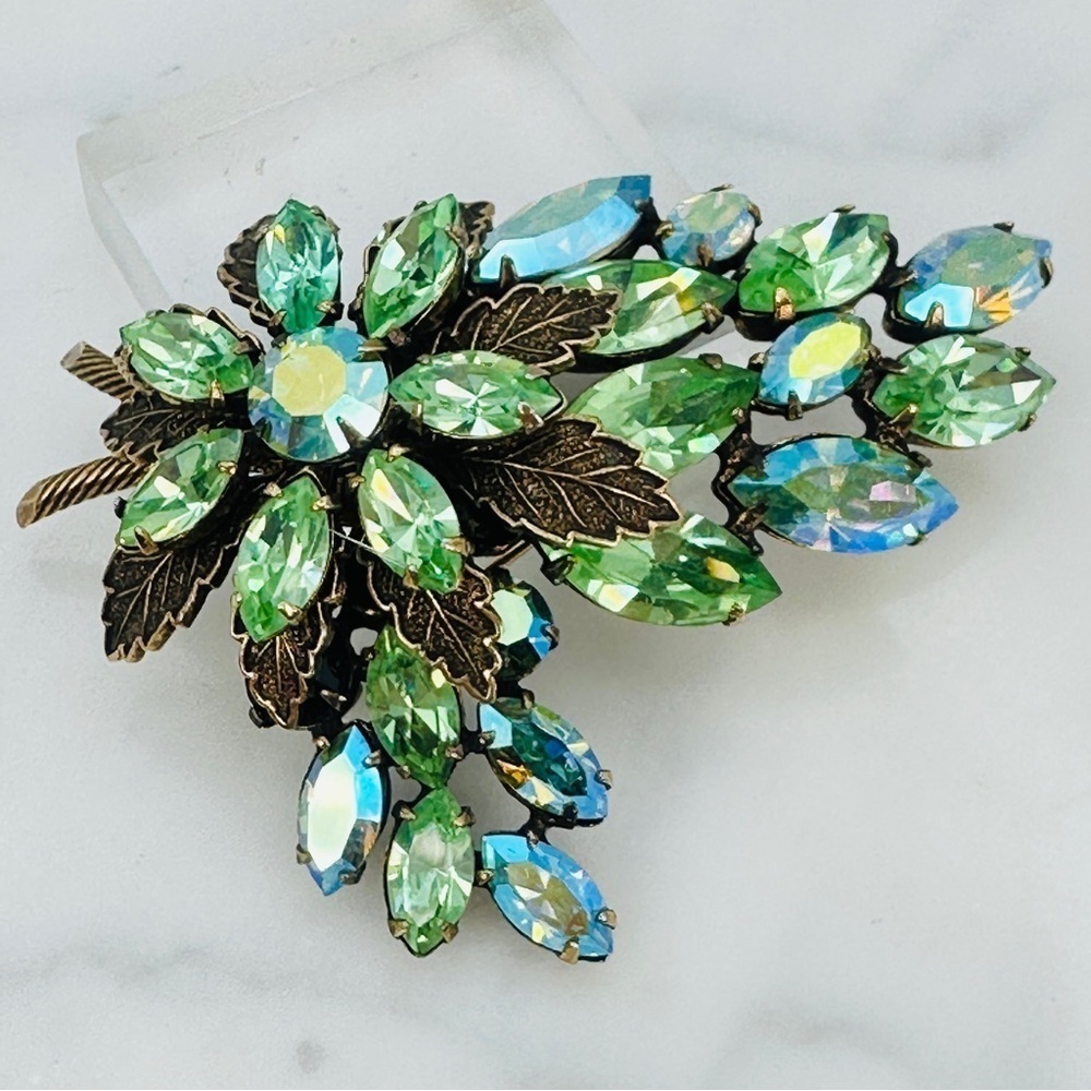Vintage Signed Regency Brooch Pin Green Blue AB Navette Rhinestone Rare 50s 60s